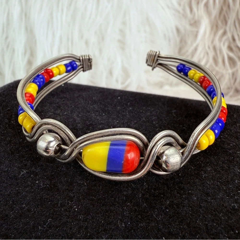 Vintage Silvertone, colorful costume, small cuff bracelet